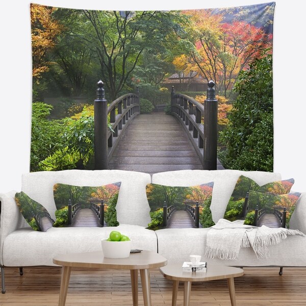 Designart 'Wood Bridge at Japanese Garden In Fall' Bridge Wall Tapestry