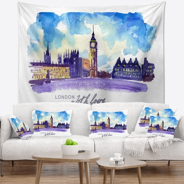 Designart 'London Purple Illustration' Cityscape Painting Wall Tapestry