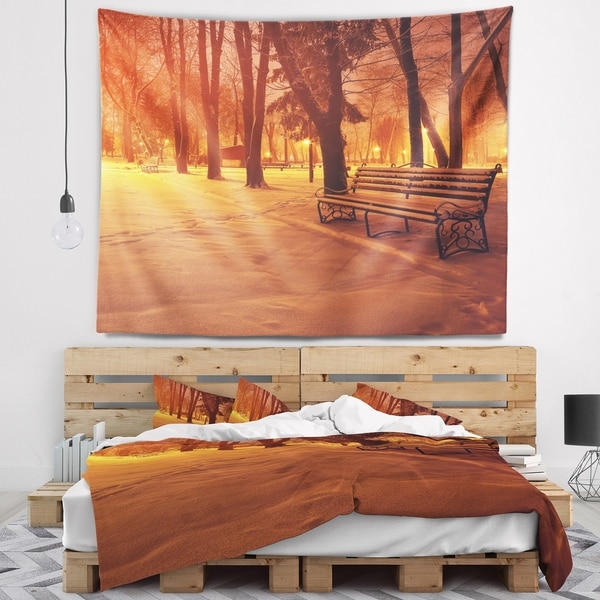 Designart 'Snow Covered Benches in Evening' Landscape Wall Tapestry