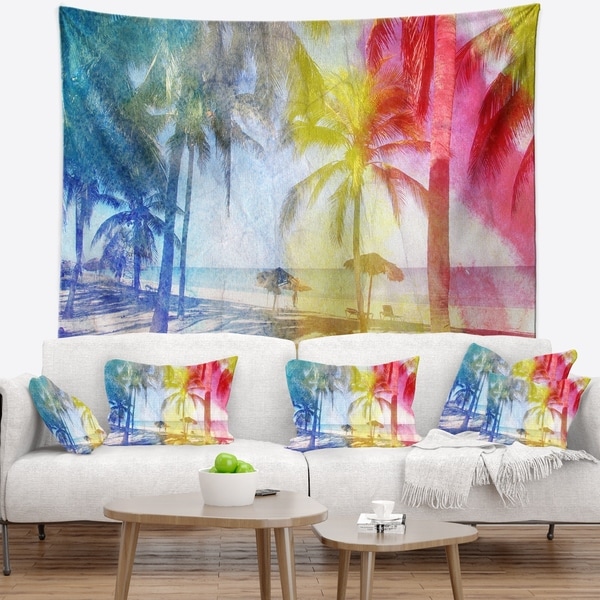 Designart 'Blue Retro Palm Trees' Landscape Painting Wall Tapestry