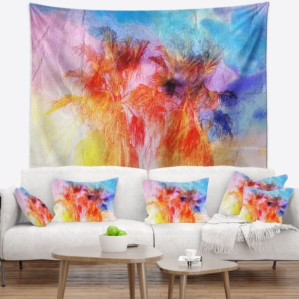 Designart 'Colorful Retro Palm Trees' Landscape Painting Wall Tapestry