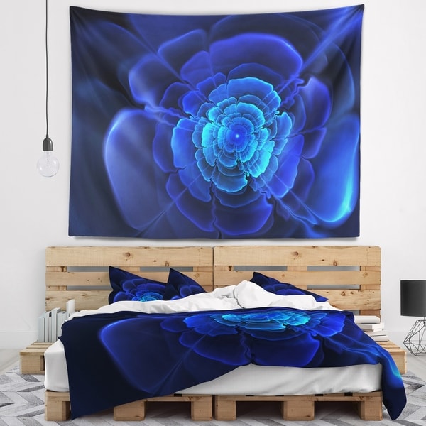 Designart 'Bright Blue Fractal Flower in Dark' Floral Wall Tapestry