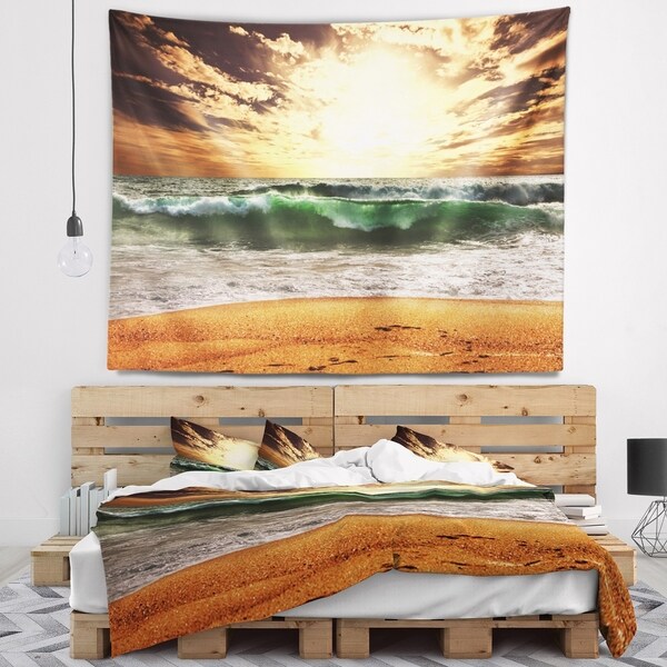 Designart 'Raging Green Waves At Sunset' Seashore Wall Tapestry