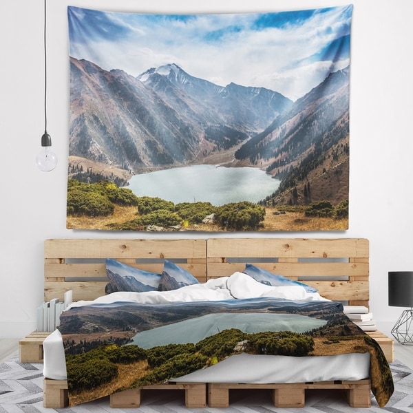 Designart 'Mountain Lake under Blue Sky' Landscape Wall Tapestry