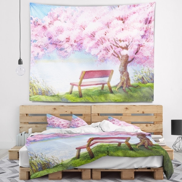 Designart 'Bench under Flowering Peach Tree' Floral Wall Tapestry