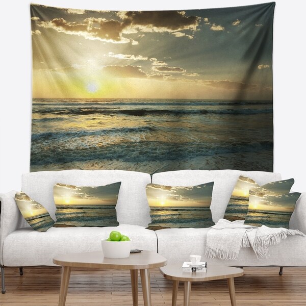 Designart 'Dark Beach and Waves At Sunset' Beach Photo Wall Tapestry