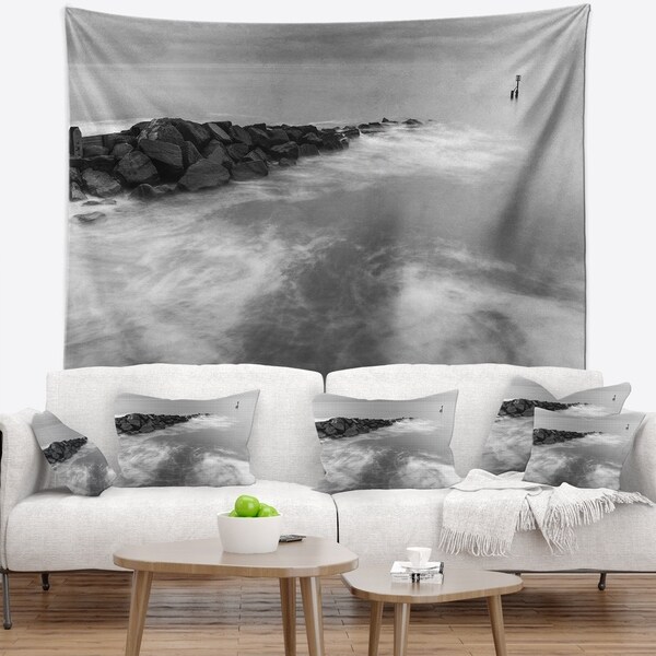 Designart 'Milky Waves Splashing Over Rocks' Modern Seascape Wall Tapestry