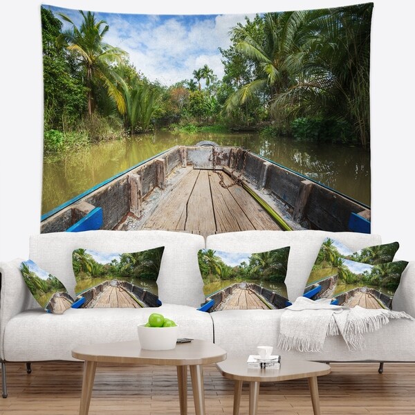 Designart 'Boat in Mekong River Vietnam' Landscape Wall Tapestry