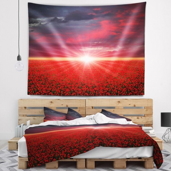 Designart 'Red Poppies Field at Sunset' Modern Landscape Wall Tapestry