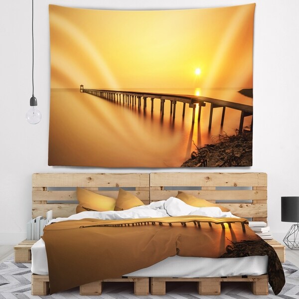 Designart 'Old Wooden Pier Long to Evening Sea' Pier Seascape Wall Tapestry