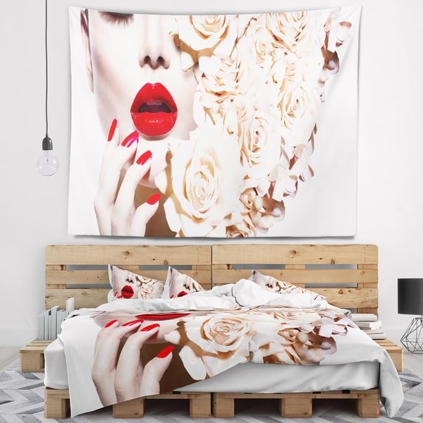 Designart 'Fashion Sexy Woman with Flowers' Sensual Wall Tapestry