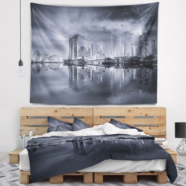 Designart 'Black and White Singapore Skyline' Cityscape Wall Tapestry