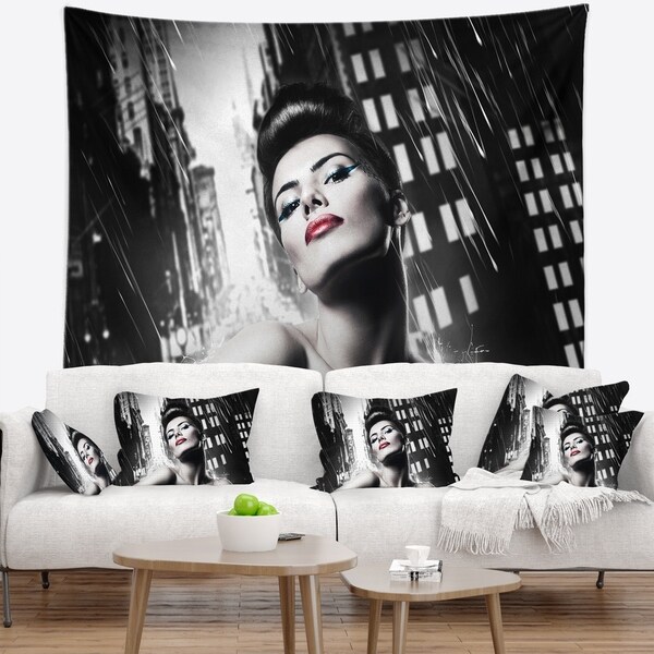 Designart 'Brunette Woman with Red Lips' Woman Portrait Wall Tapestry