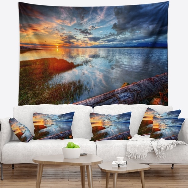 Designart 'Colorful River Sunset With Log' Seashore Wall Tapestry