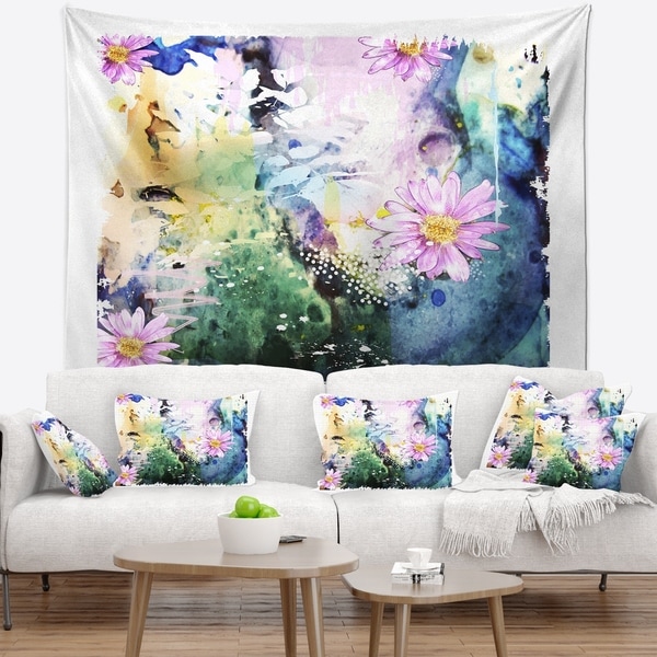 Designart 'Abstract Blue Pink Floral Art' Floral Wall Tapestry