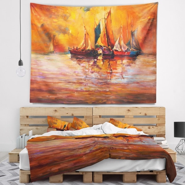 Designart 'Boats and Ocean in Red' Seascape Wall Tapestry