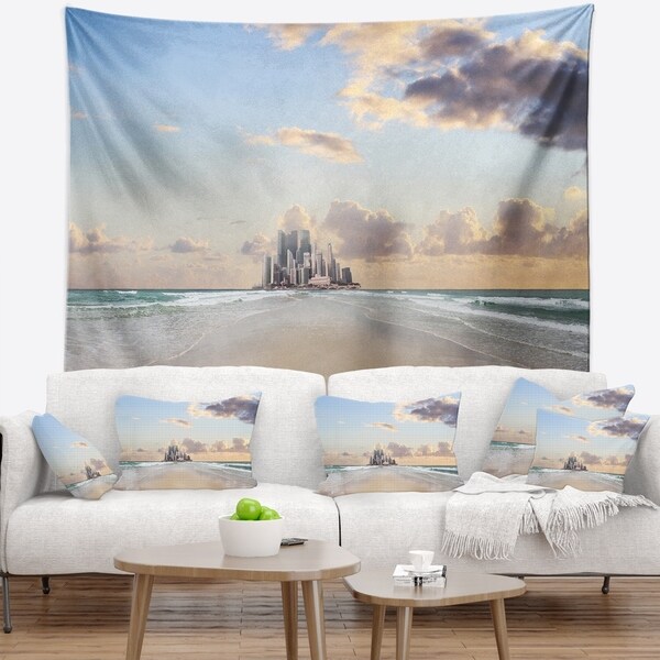 Designart 'Road along the Beach to City' Modern Seascape Wall Tapestry