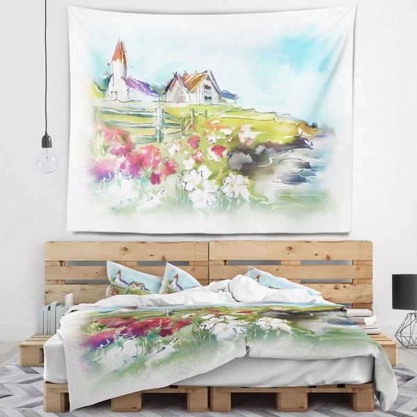 Designart 'Buildings in Green Meadow' Landscape Painting Wall Tapestry