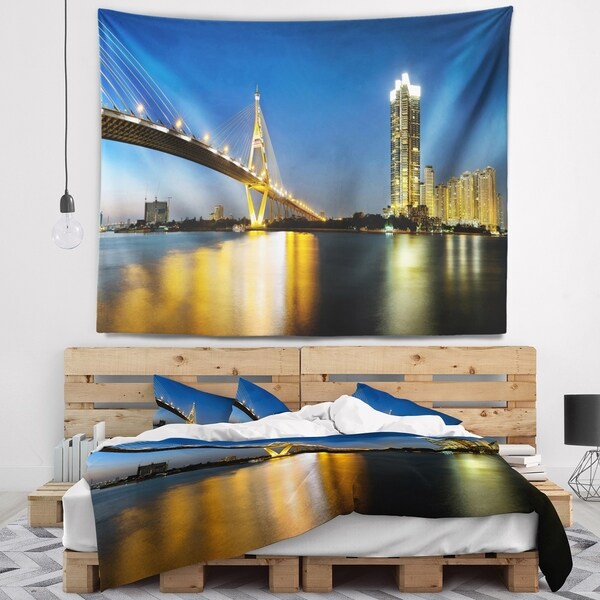 Designart 'Lit up Bhumibol Bridge at Dusk' Cityscape Wall Tapestry