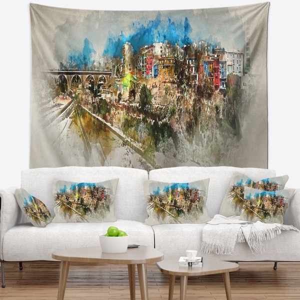 Designart 'Villajoyosa Town Watercolor' Cityscape Wall Tapestry