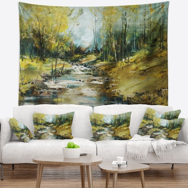 Designart 'Creek in the Forest Oil Painting' Landscape Painting Wall Tapestry