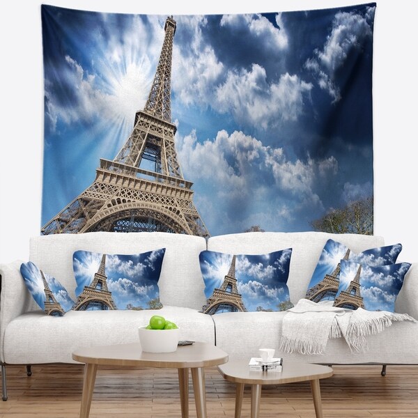 Designart 'Eiffel Under Blue Sky' Skyline Photography Wall Tapestry