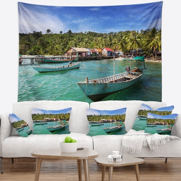 Designart 'Fishing Boats in Kep Cambodia' Seashore Wall Tapestry