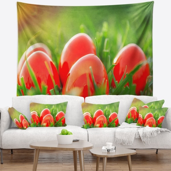 Designart 'Red Easter Eggs in Green Grass' Landscape Photography Wall Tapestry