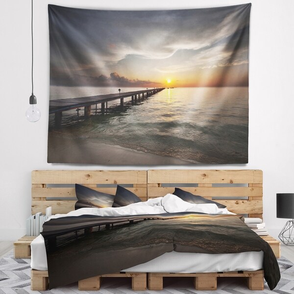 Designart 'Long Boardwalk into the Sunset Sea' Bridge Wall Tapestry