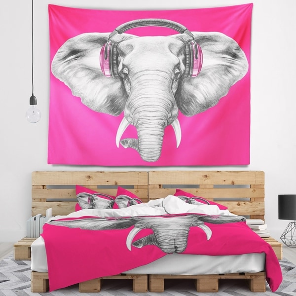 Designart 'Elephant with Headphones' Contemporary Animal Wall Tapestry