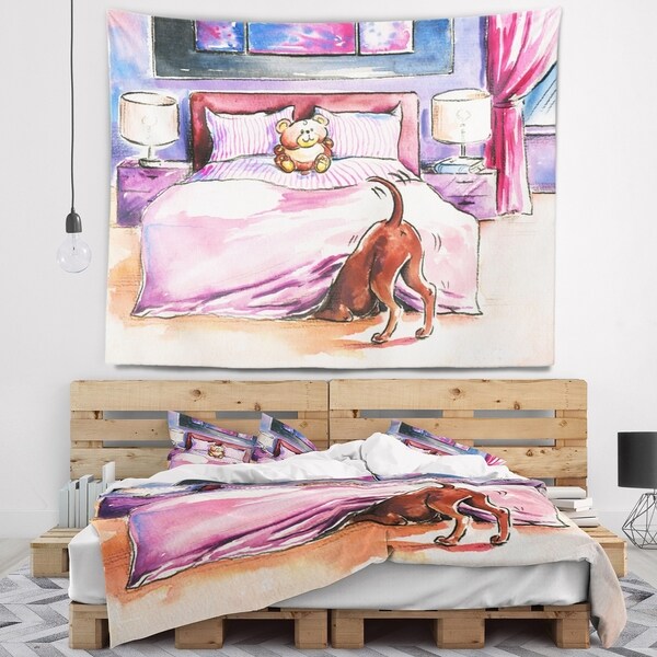 Designart 'Brown Dog in Bedroom' Animal Wall Tapestry