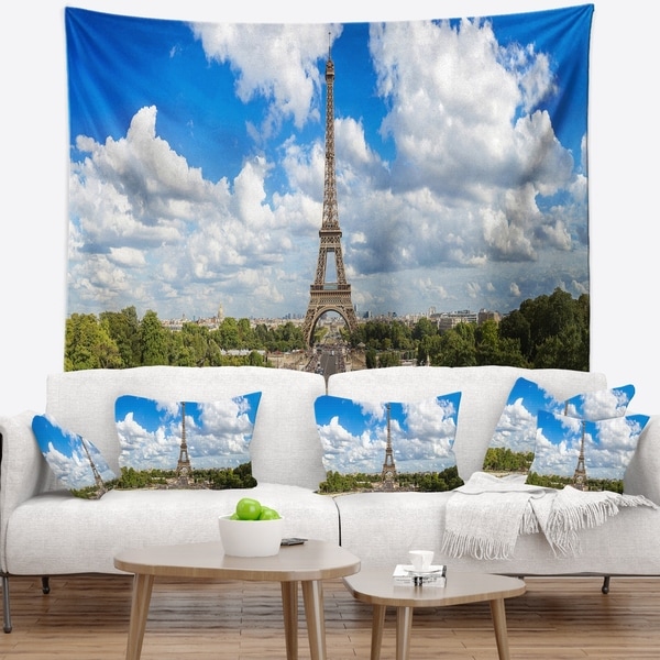 Designart 'Panoramic Paris Paris Eiffel Towerunder Clouds' Cityscape Wall Tapestry