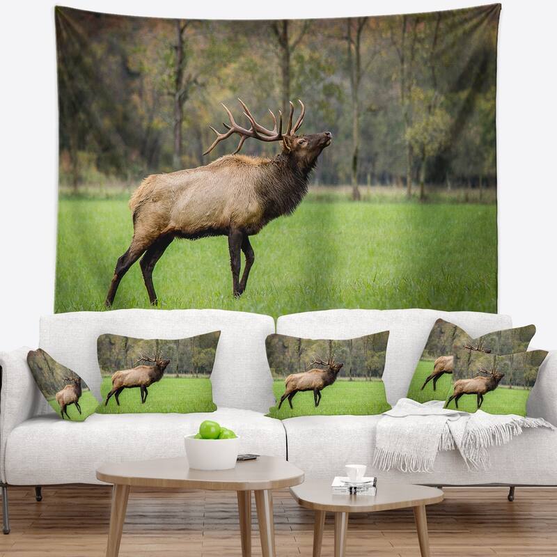 Designart 'Trophy Bull Elk in Green Grassland' Animal Wall Tapestry ...