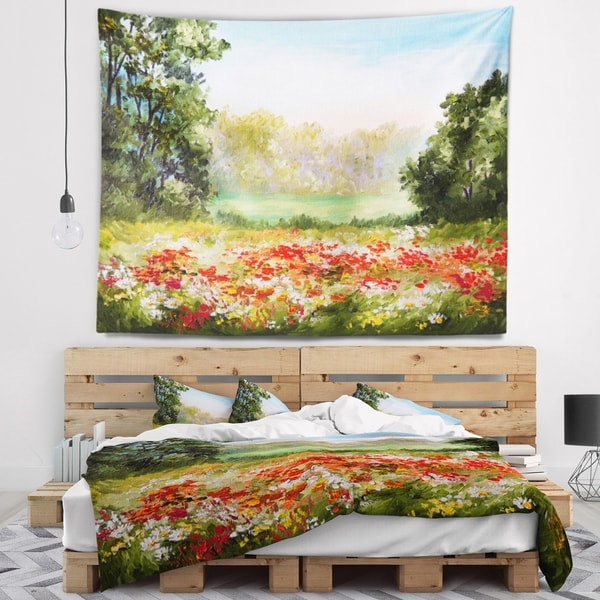 Designart 'Poppy Field with Sky' Landscape Wall Tapestry