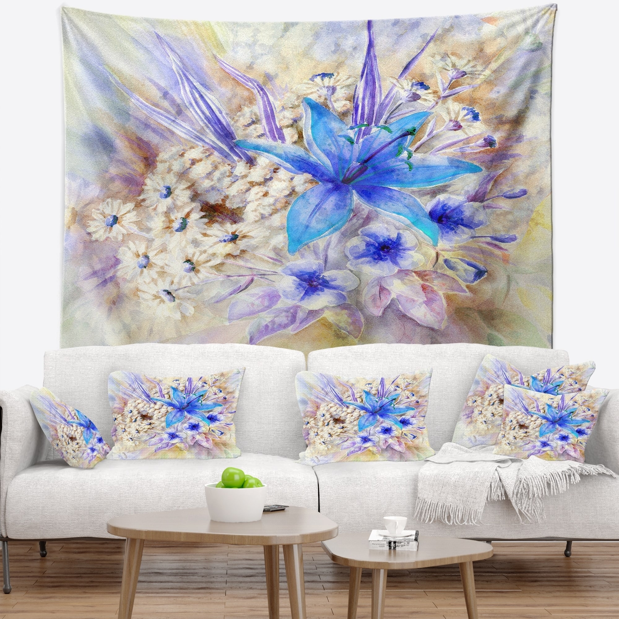 Designart 'Flowers Leaves Watercolor Art' Floral Wall Tapestry - Bed ...