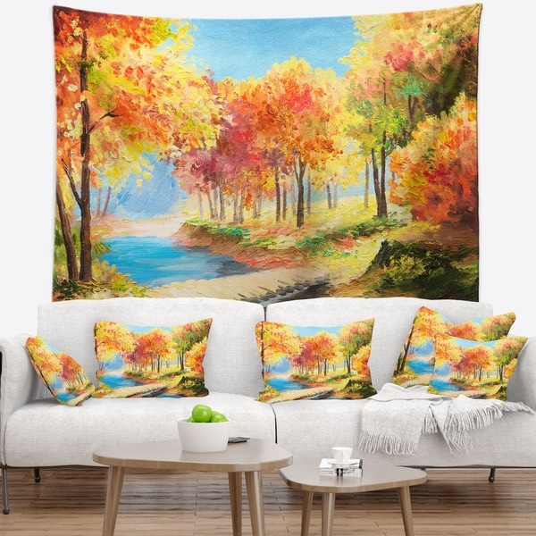 Designart 'Wooden Bridge in Colorful Forest' Landscape Wall Tapestry
