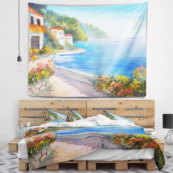 Designart 'House Near Blue Sea' Landscape Wall Tapestry