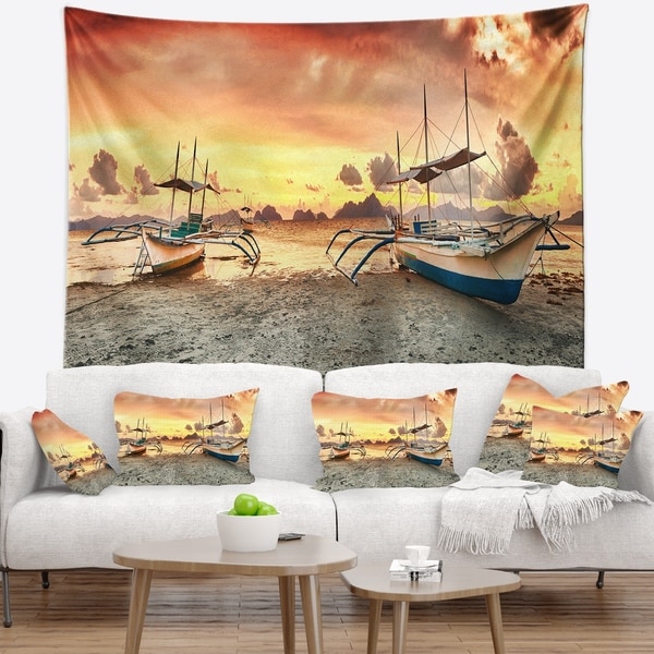 Designart 'Boats at Sunset' Seashore Photography Wall Tapestry