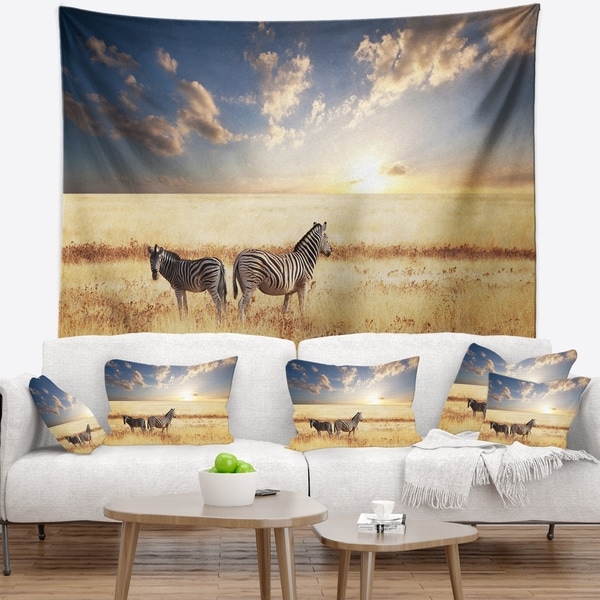 Designart 'Zebras in Beautiful Grassland At Sunset' African Wall Tapestry
