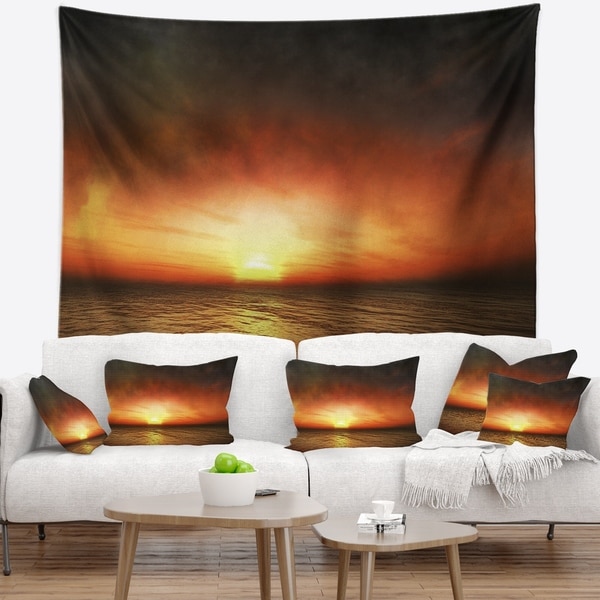 Designart 'Fiery Sunset Beach under Cloudy Sky' Modern Seashore Wall Tapestry