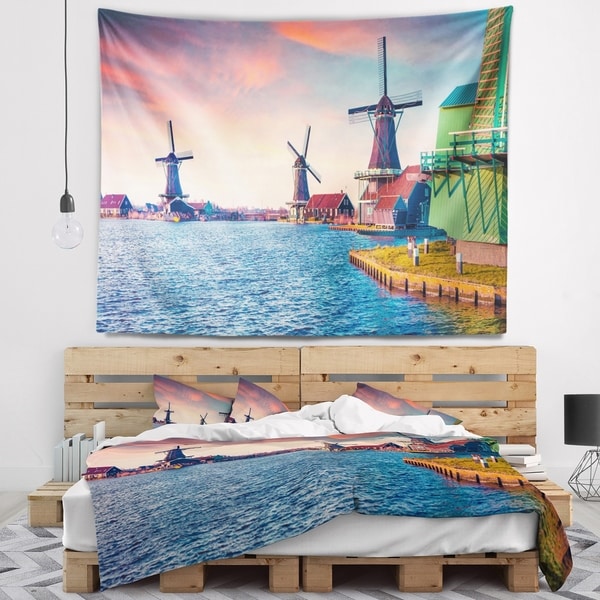 Designart 'Zaandam Mills on Water Channel' Landscape Wall Tapestry