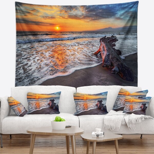 Designart 'Fantastic Sandy Shore at Sunset' Seashore Wall Tapestry