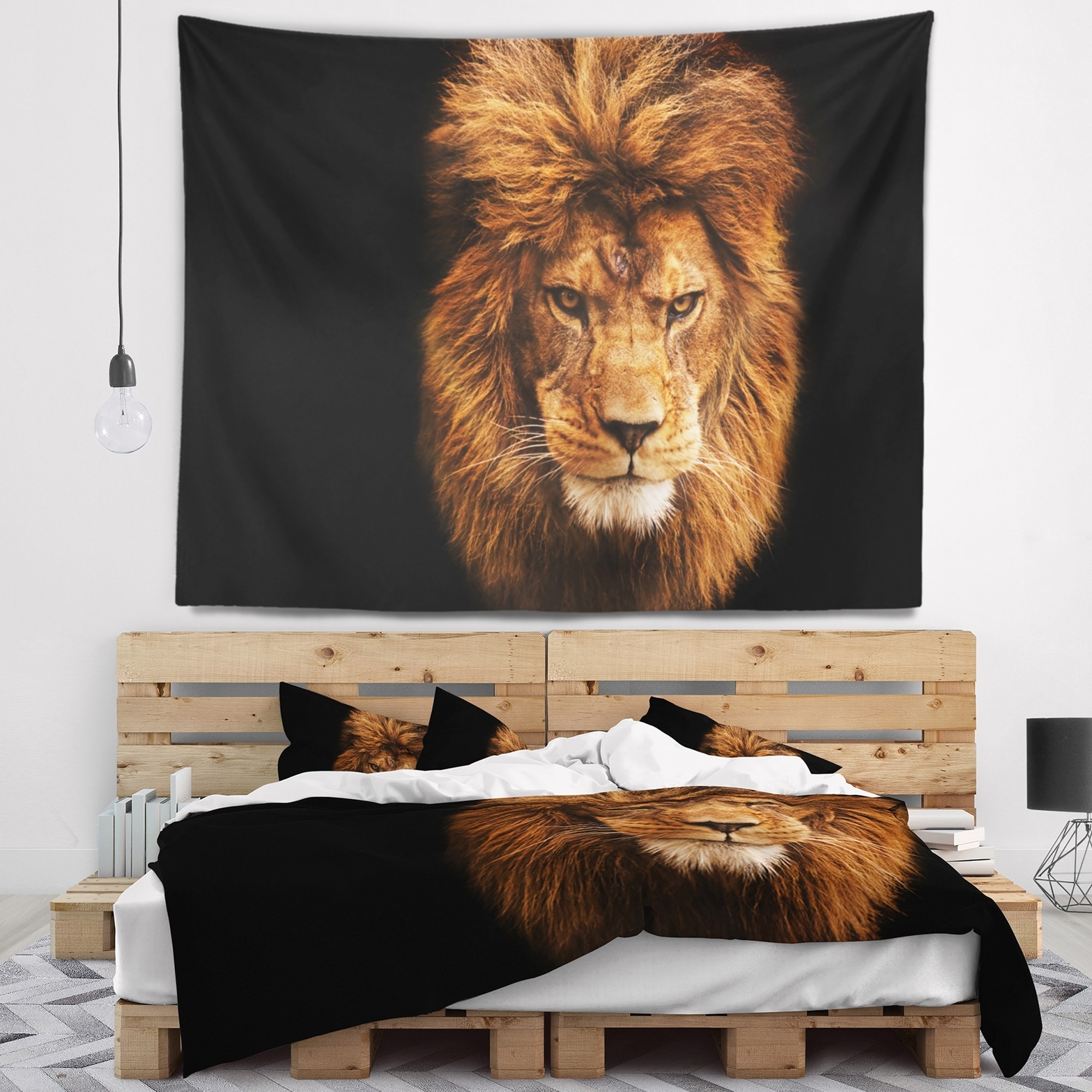 Designart Face of Male Lion on Black Abstract Wall Tapestry