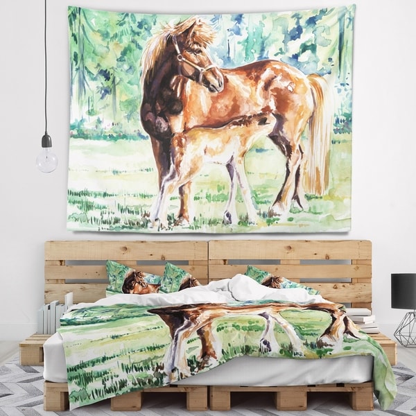 Designart 'Mare and Foal Watercolor' Abstract Wall Tapestry