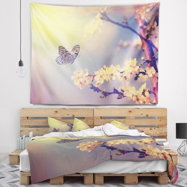 Designart 'Vintage Butterfly and Cherry Tree' Floral Wall Tapestry