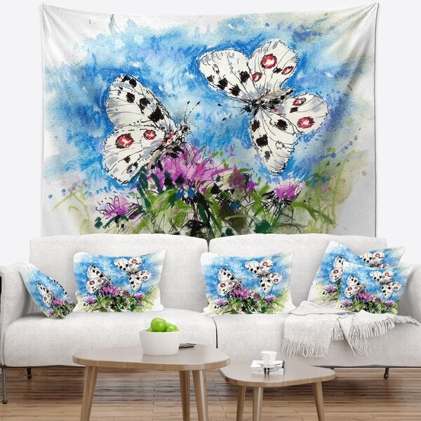 Designart 'Apollo Butterflies Illustration on Blue' Floral Wall Tapestry