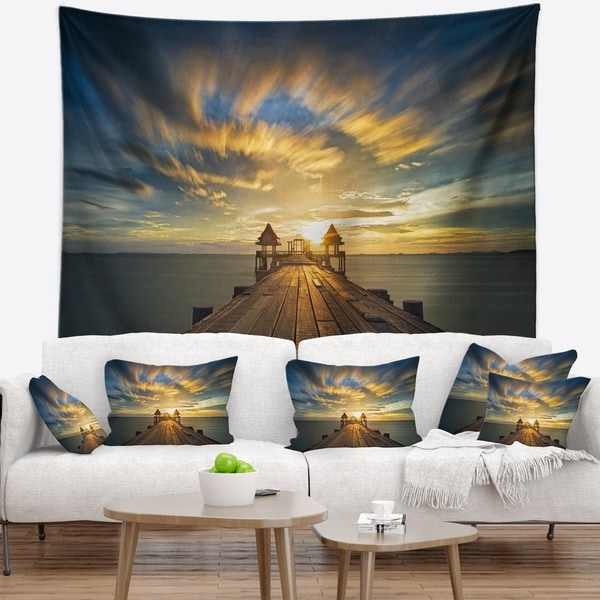 Designart 'Wooden Bridge under Dramatic Sky' Pier Seascape Wall Tapestry