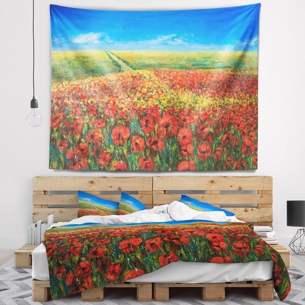 Designart 'Acrylic Landscape with Red Flowers' Floral Wall Tapestry