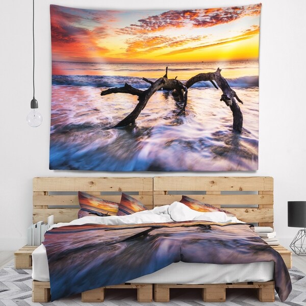Designart 'Tree and Waves in the Atlantic Ocean' Seascape Wall Tapestry