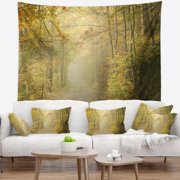 Designart 'Autumn Forest Path on Misty Morning' Landscape Photography Wall Tapestry